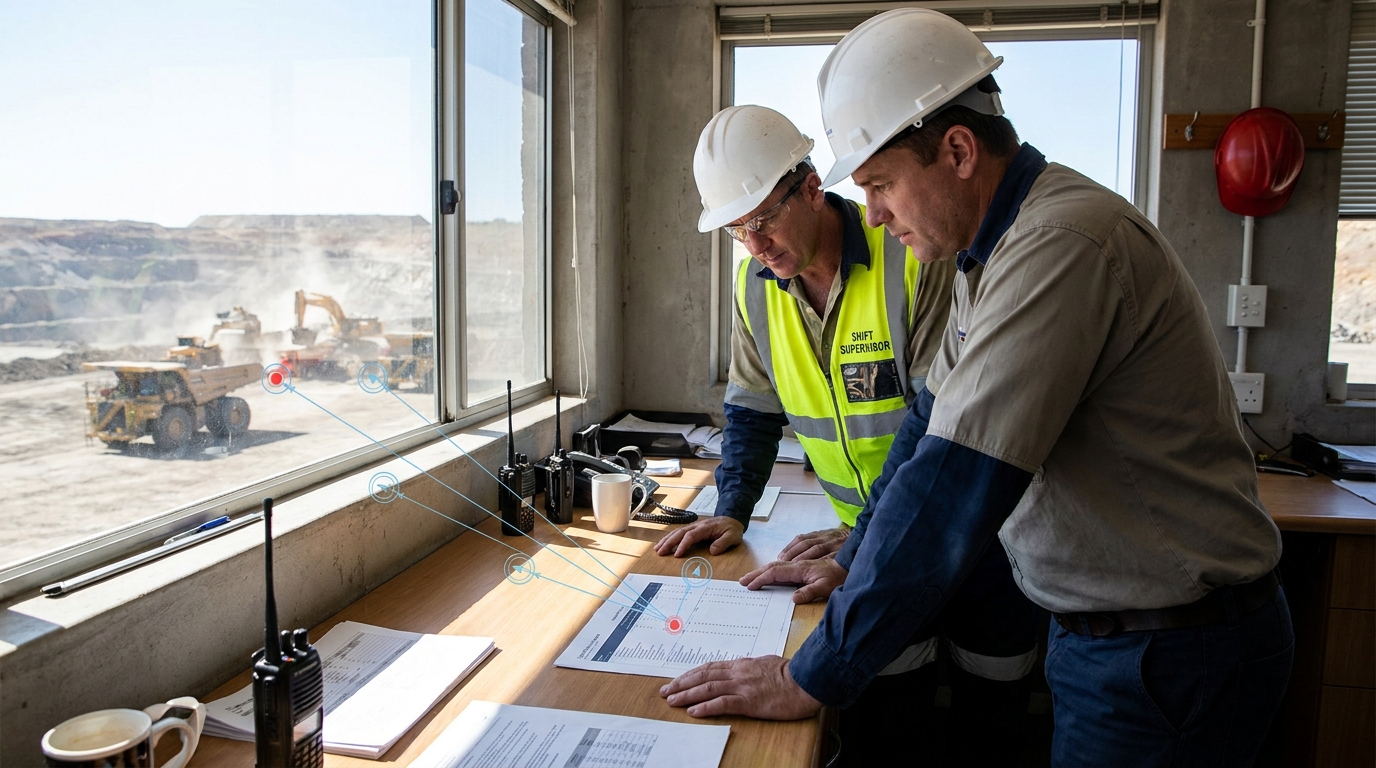 Mine shift supervisor reviewing open matters with a controller