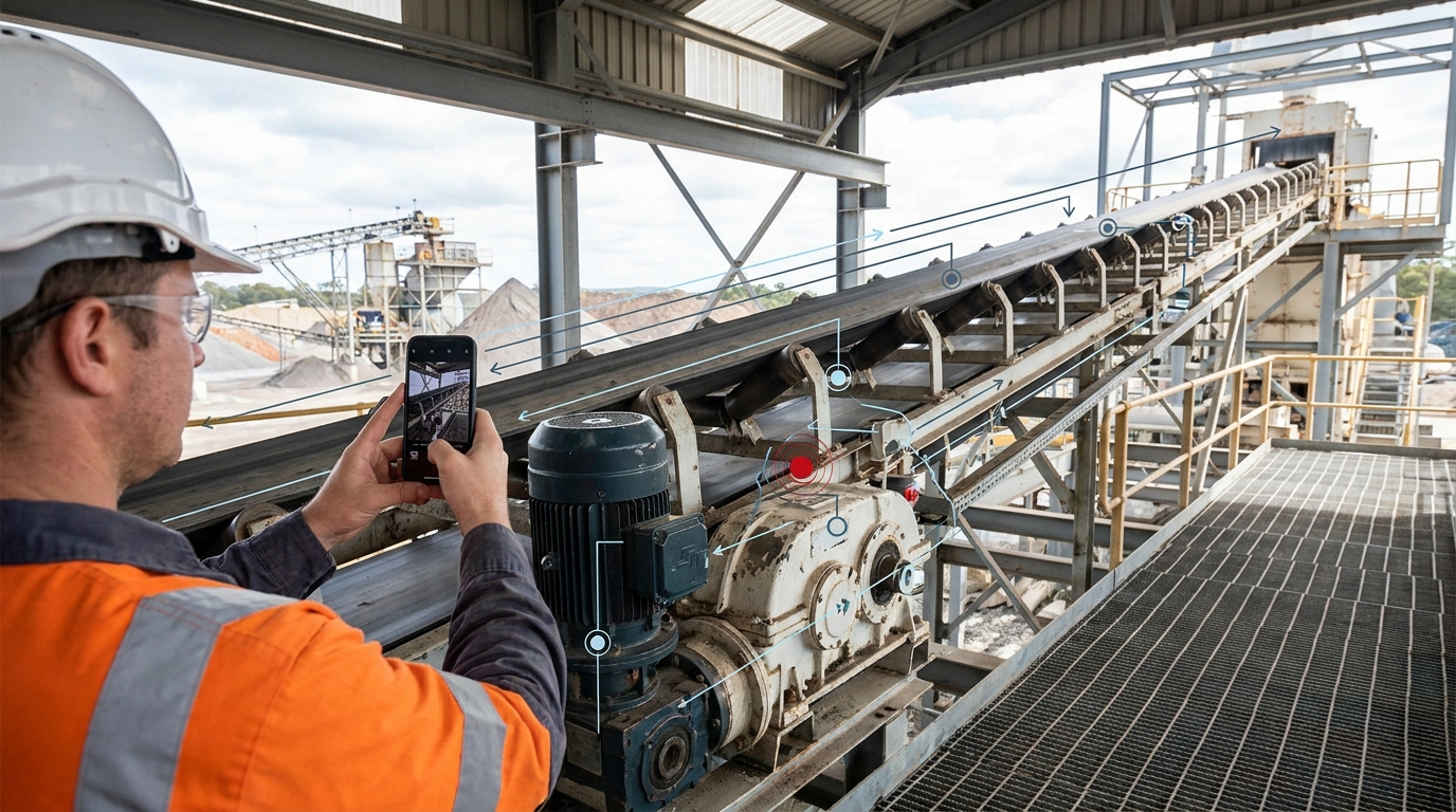 Field engineer inspecting a conveyor drive at a mineral processing plant