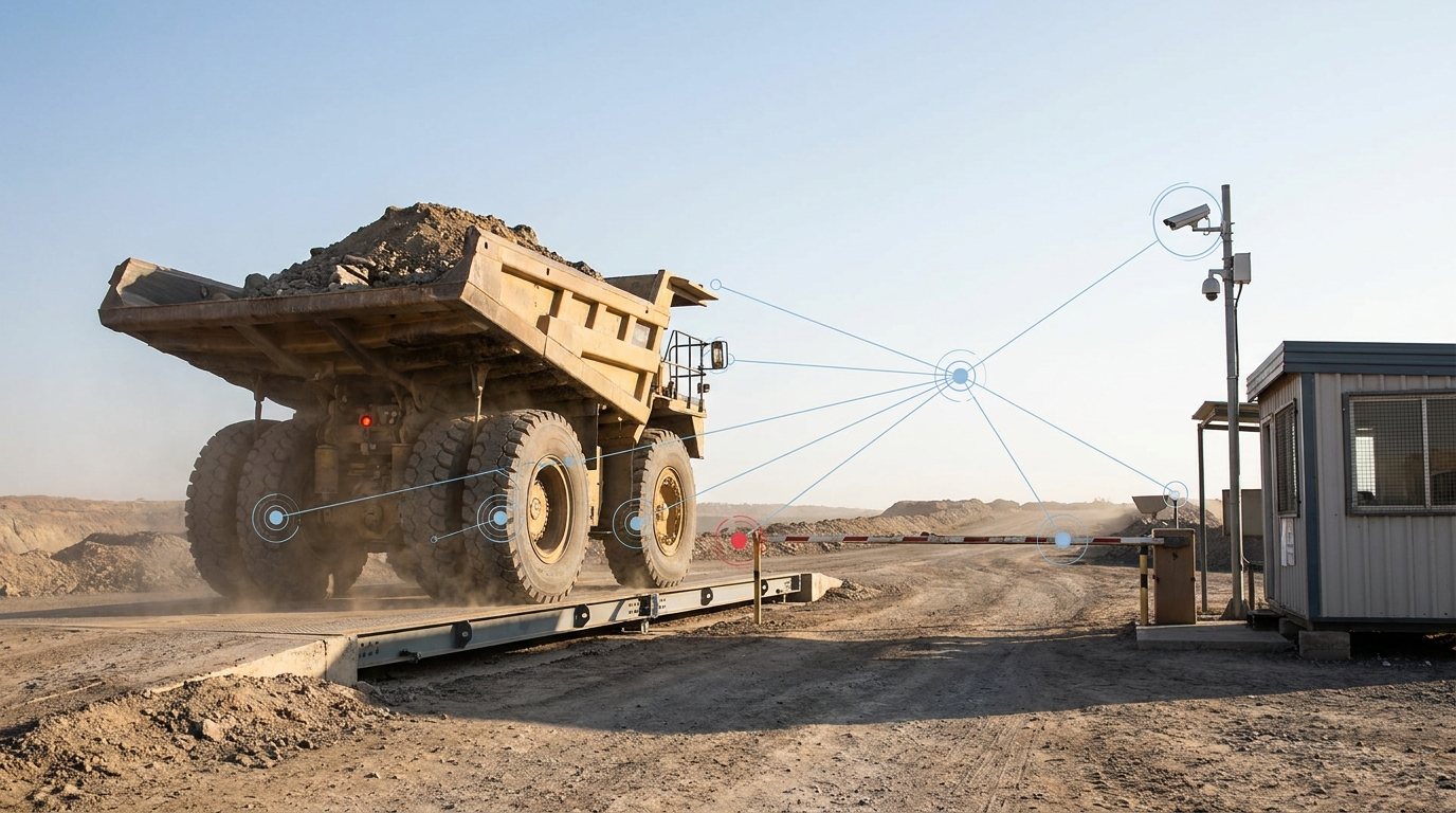 Loaded haul truck crossing a weighbridge at a mine site entrance