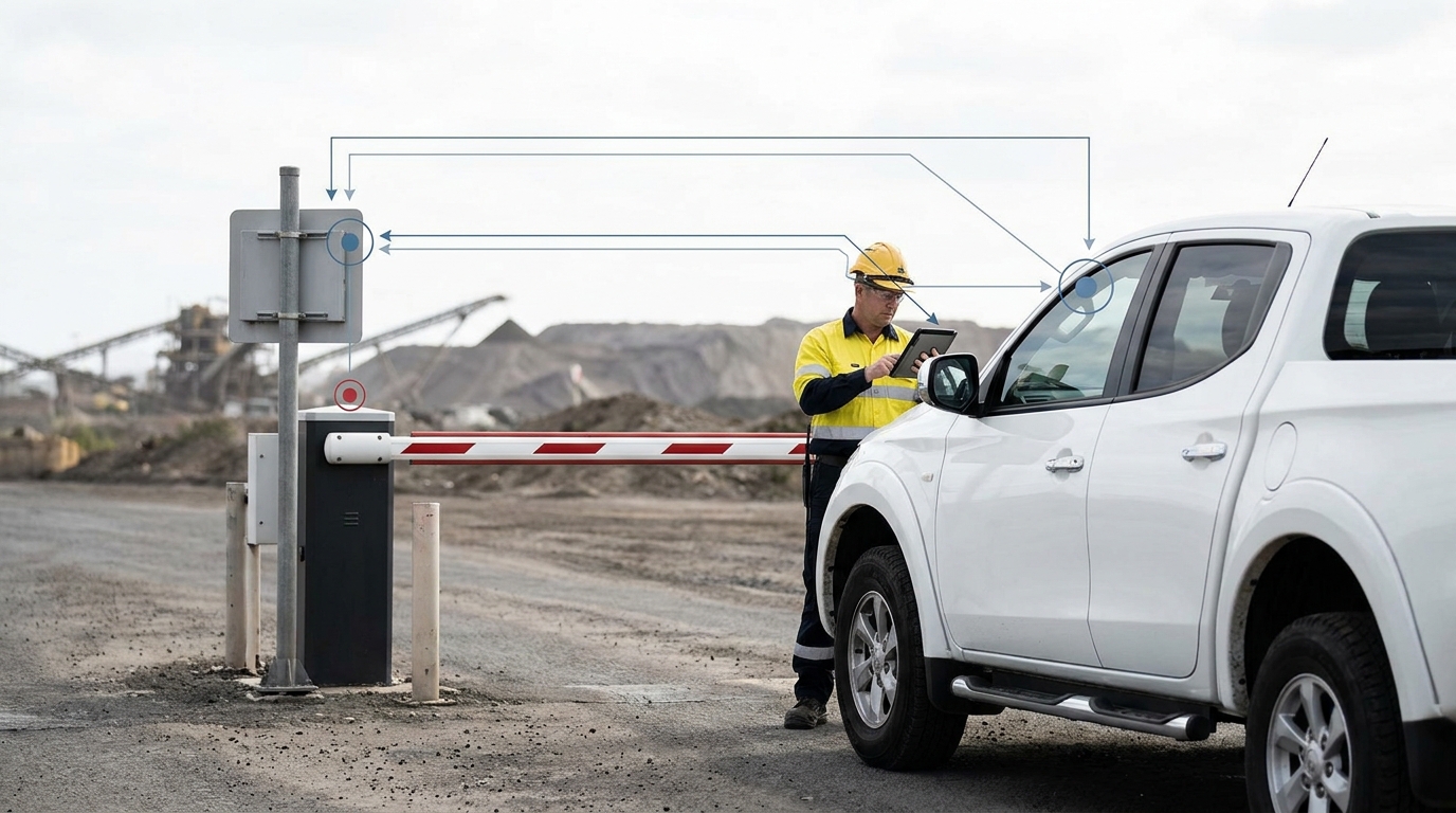Security officer checking a contractor vehicle at a mine access gate
