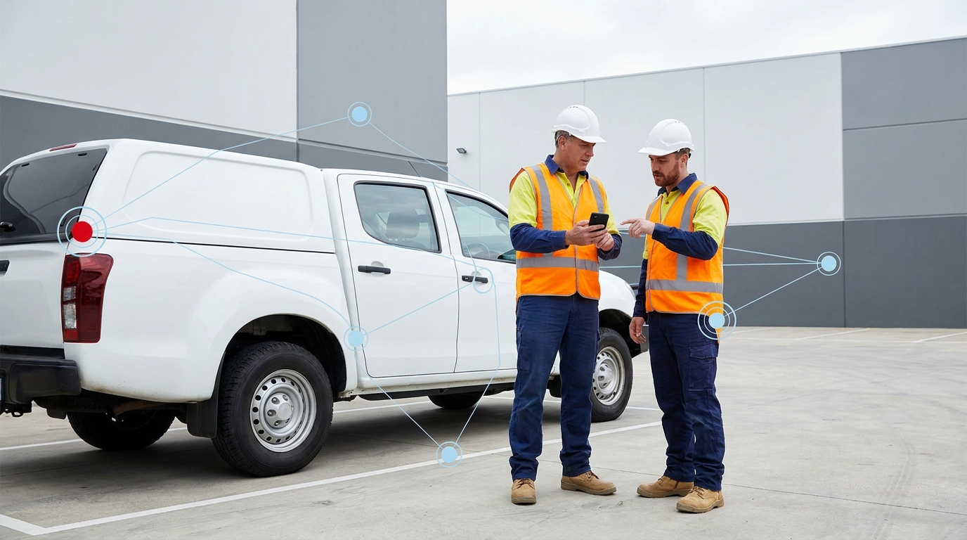 Operations supervisor reviewing a maintenance handover with a field technician at a multi-site facility