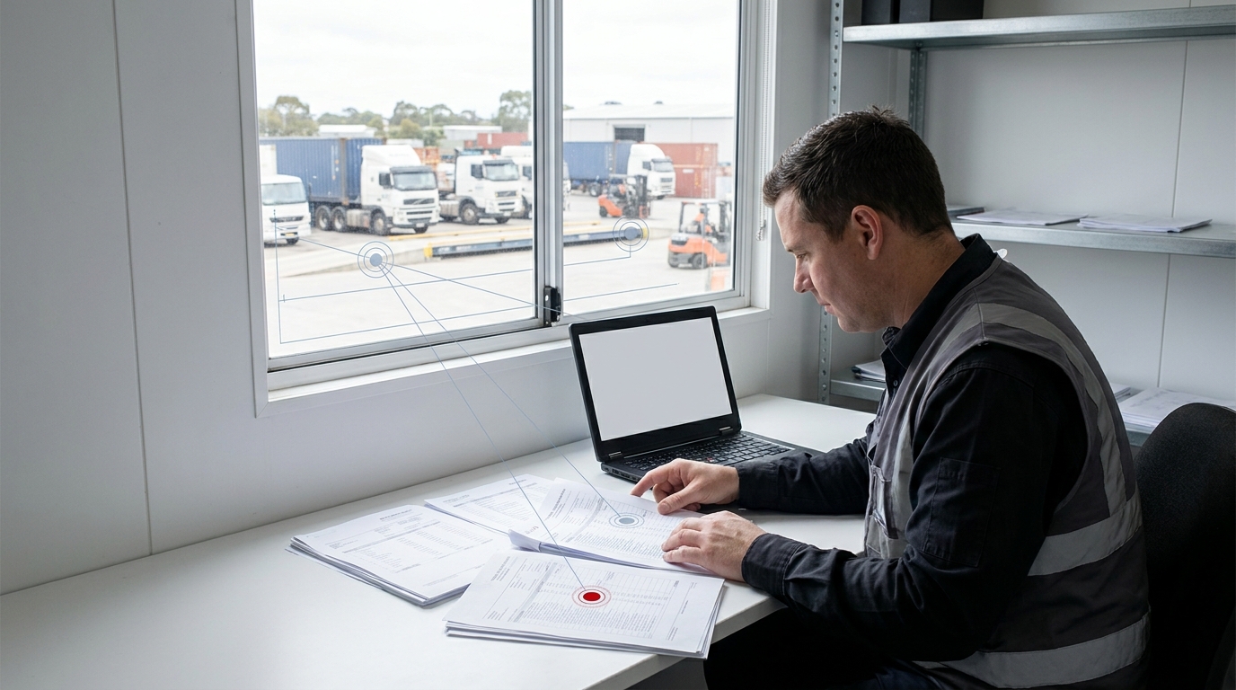 Operations manager compiling a report from printed records in a site office