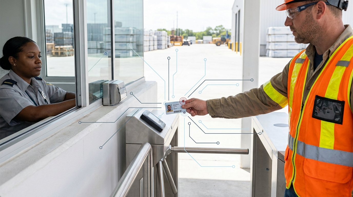 Contractor checking in at a site access point with a security controller
