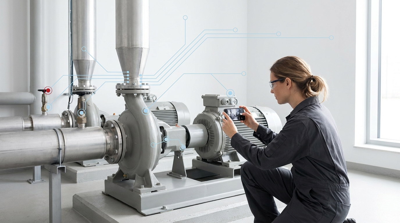 Field engineer logging a recurring service request at a site plant room