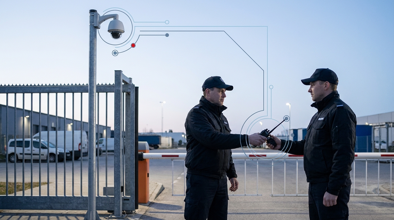 Security officer at an access gate handing over to the next shift