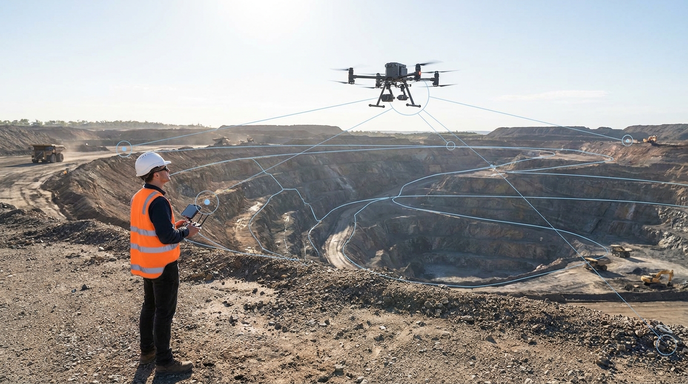 Site supervisor checking a task on his phone beside a haul truck at a mining operation