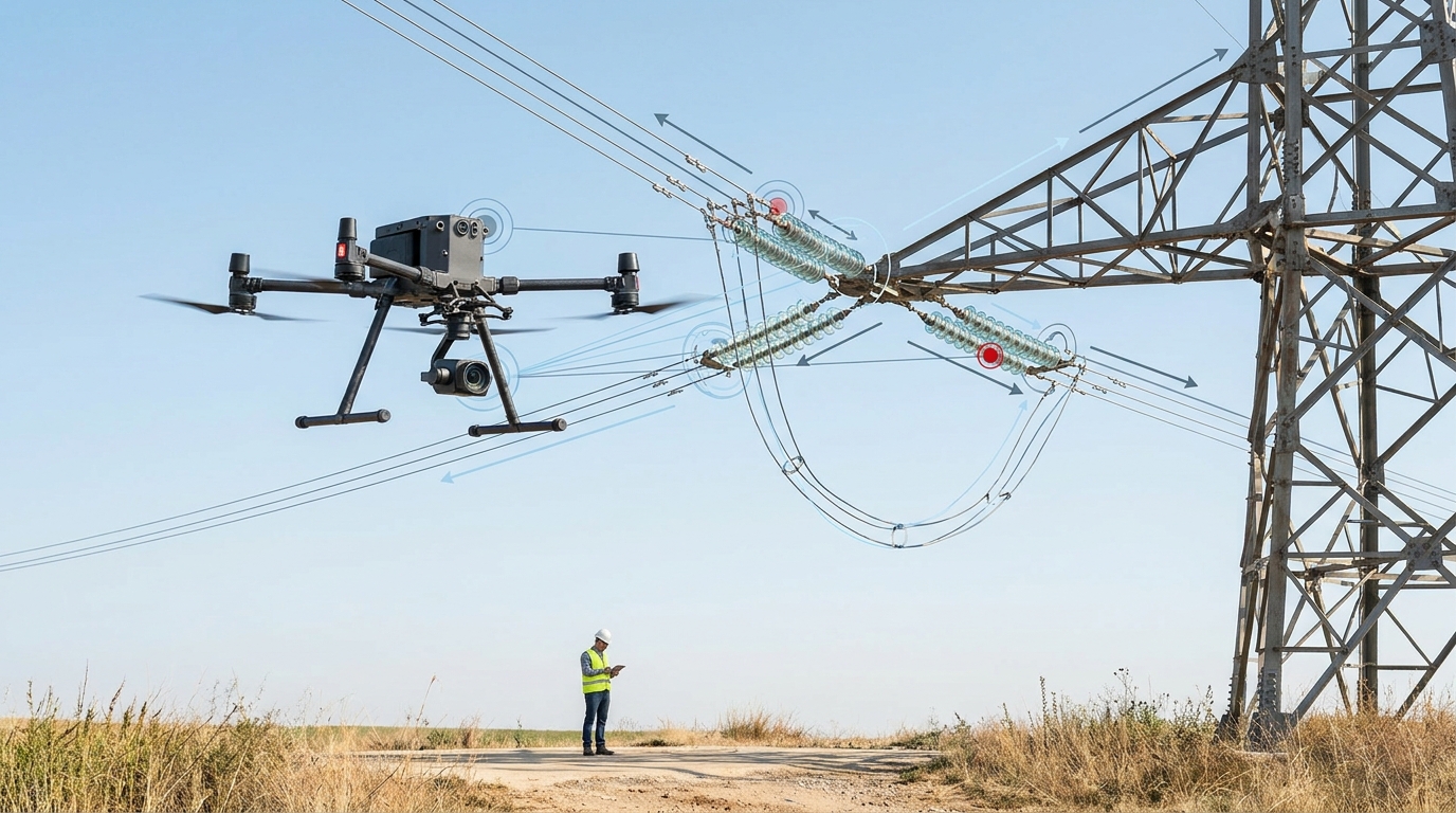 Drone inspecting powerline insulators from an elevated viewpoint