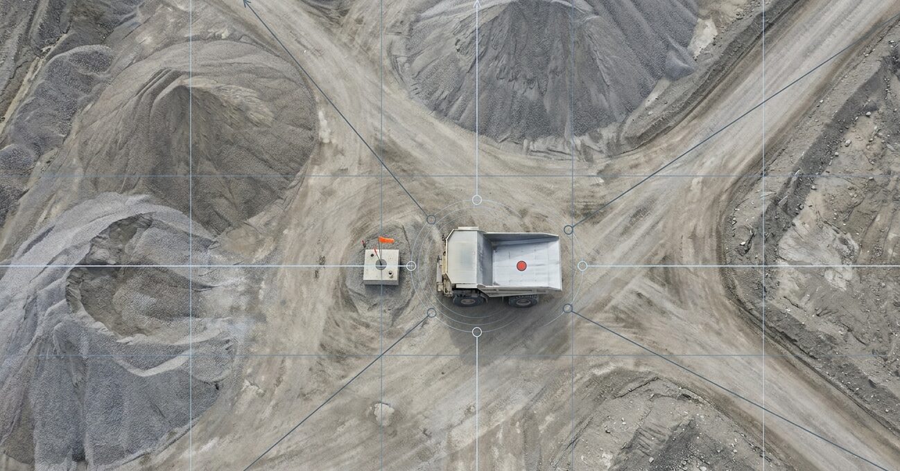 Aerial view of a mine stockpile and haul roads used for volume surveying