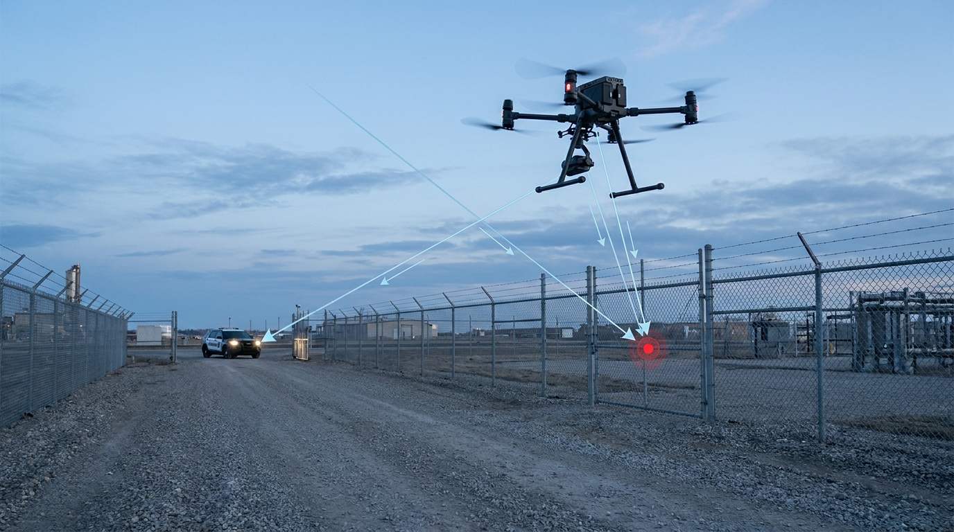 Security drone observing a site perimeter fence and access road