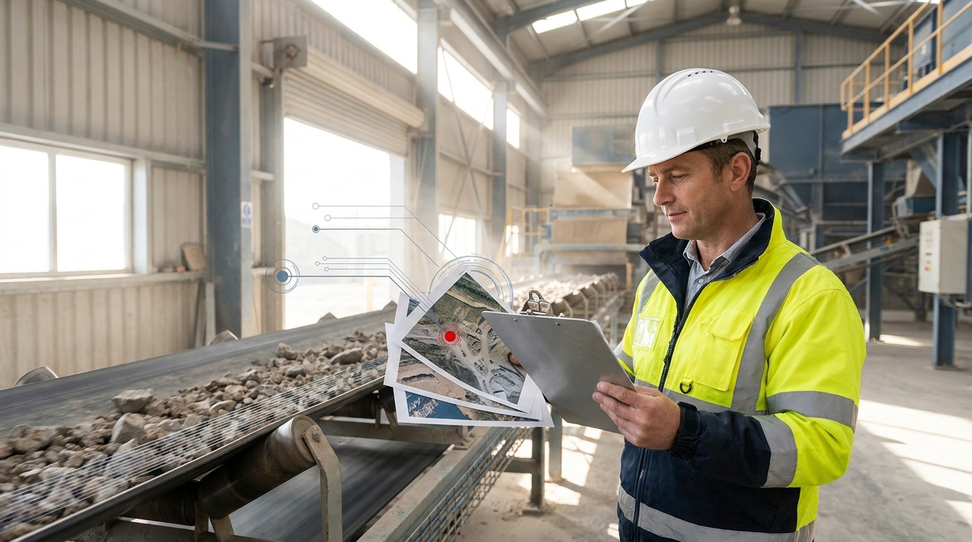 Site supervisor reviewing drone inspection photographs beside a conveyor