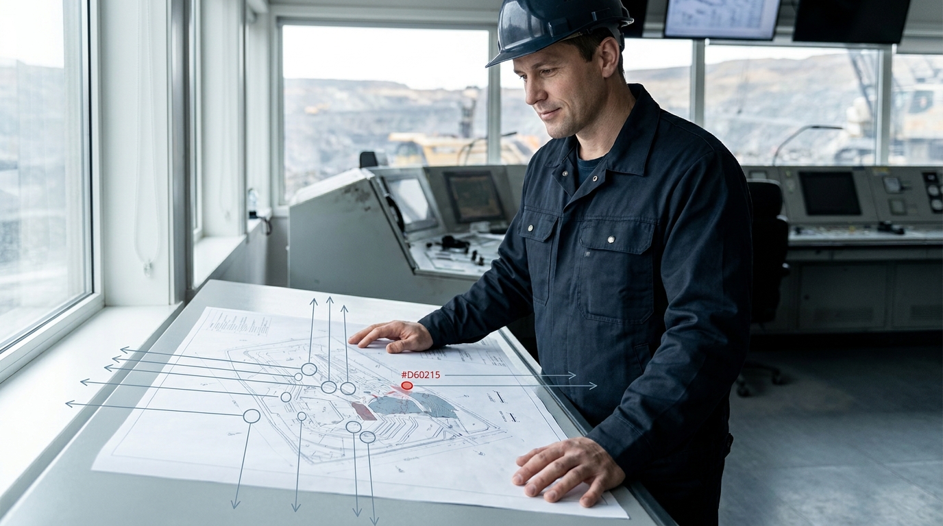 Supervisor reviewing a printed mine site plan in a control room