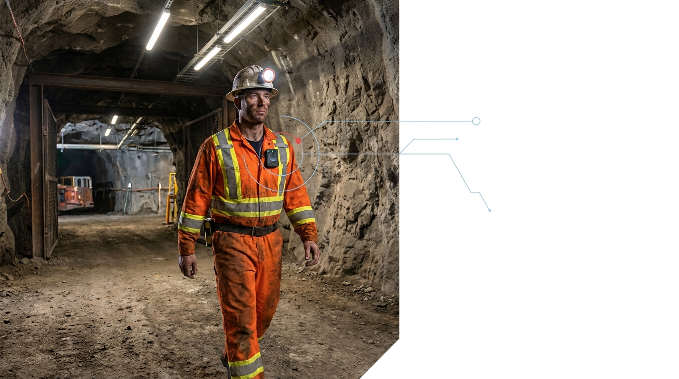 Mine worker wearing a personal location device at an underground access portal