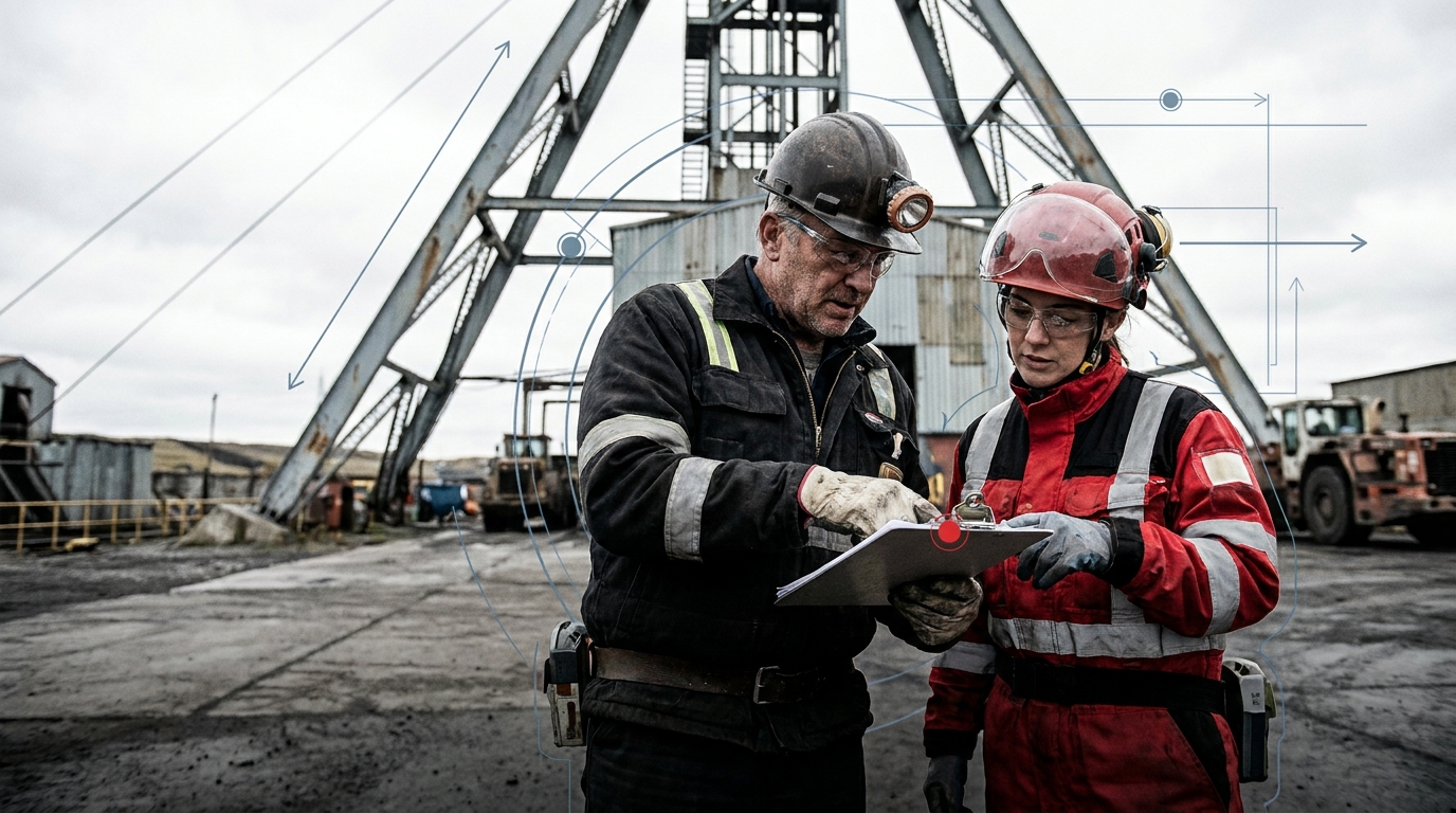 Mine shift supervisor and response officer checking a personnel register at a shaft head