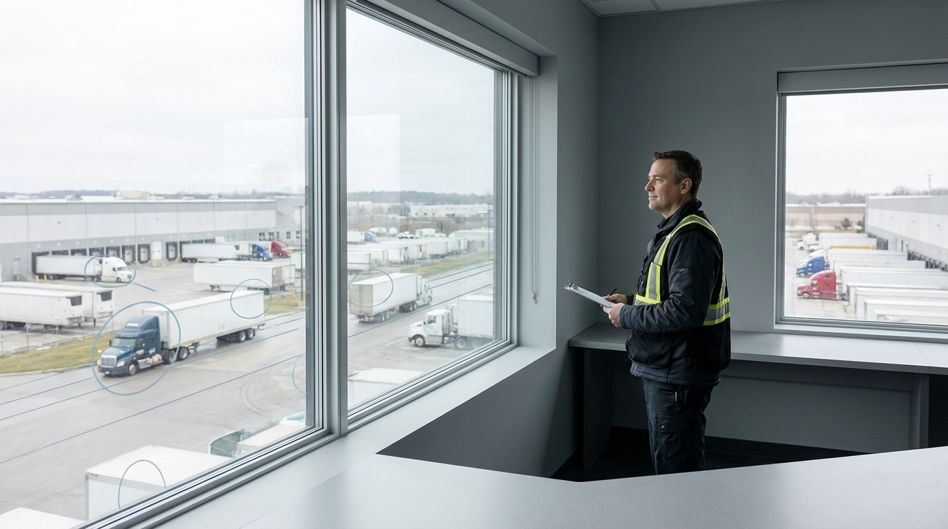 Operations manager reviewing yard activity from a control office window