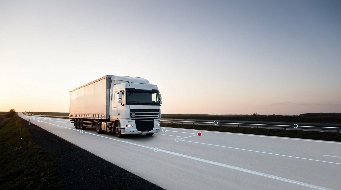 Delivery truck on a highway route at dusk