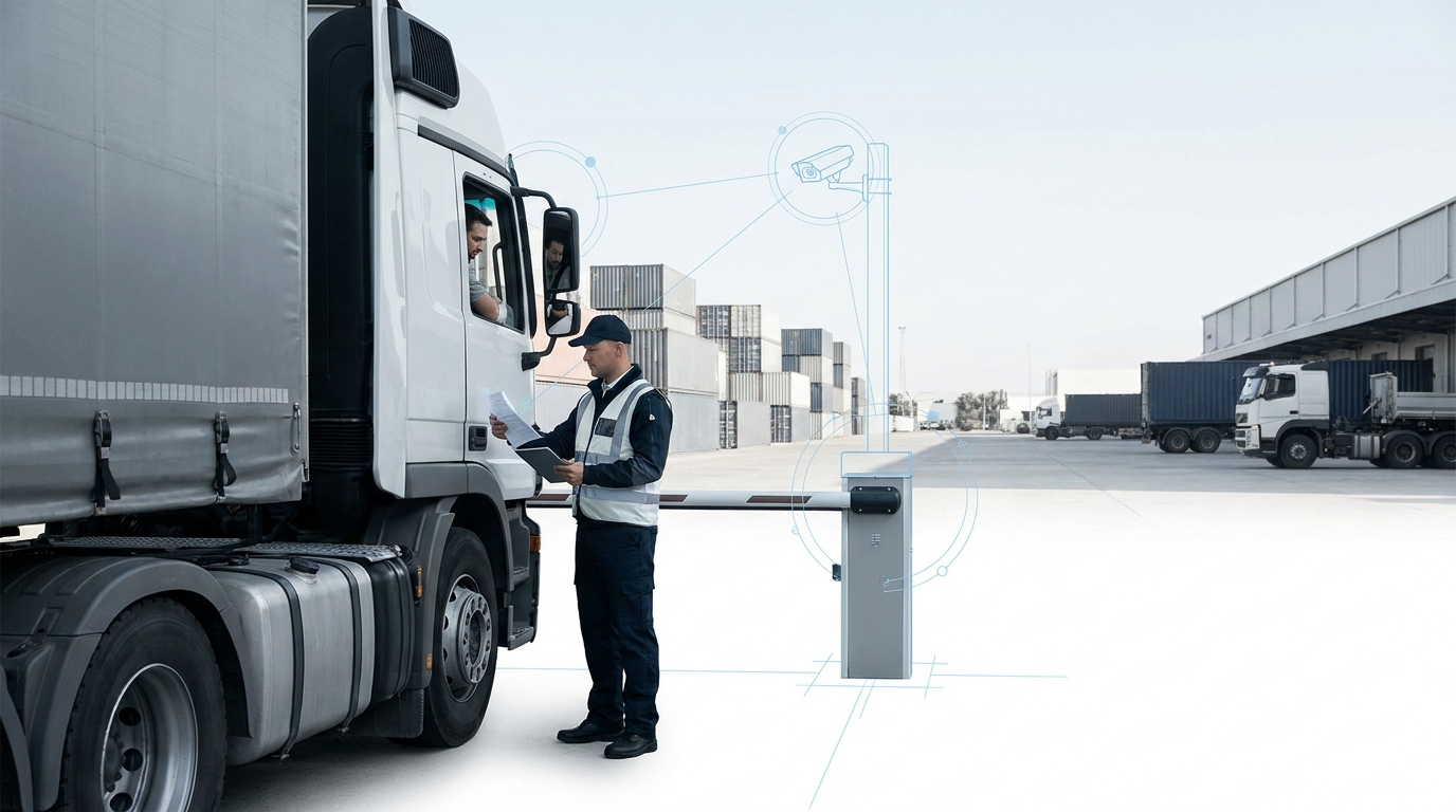 Security officer checking a truck at a yard access gate