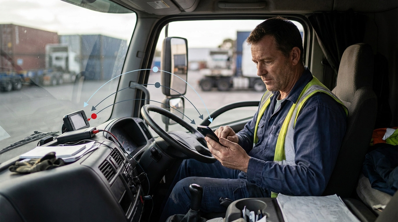 Truck driver reading a task message on his phone in the cab