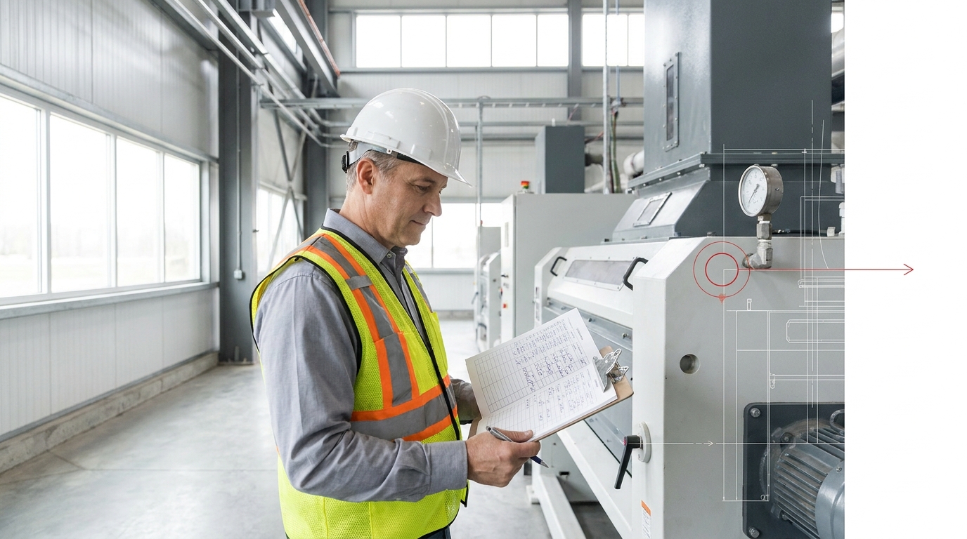 Plant manager reviewing paper maintenance records beside equipment