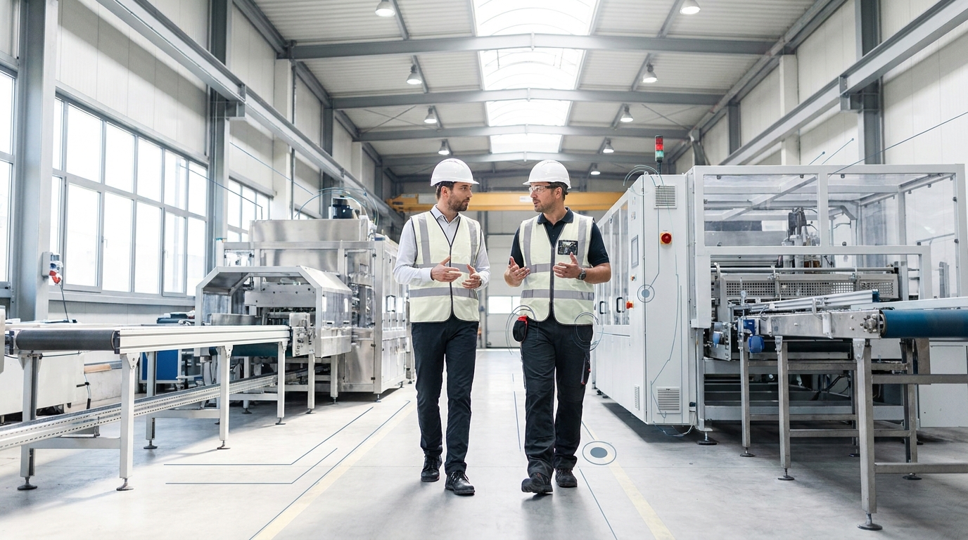 Operations manager walking a manufacturing plant floor with a supervisor