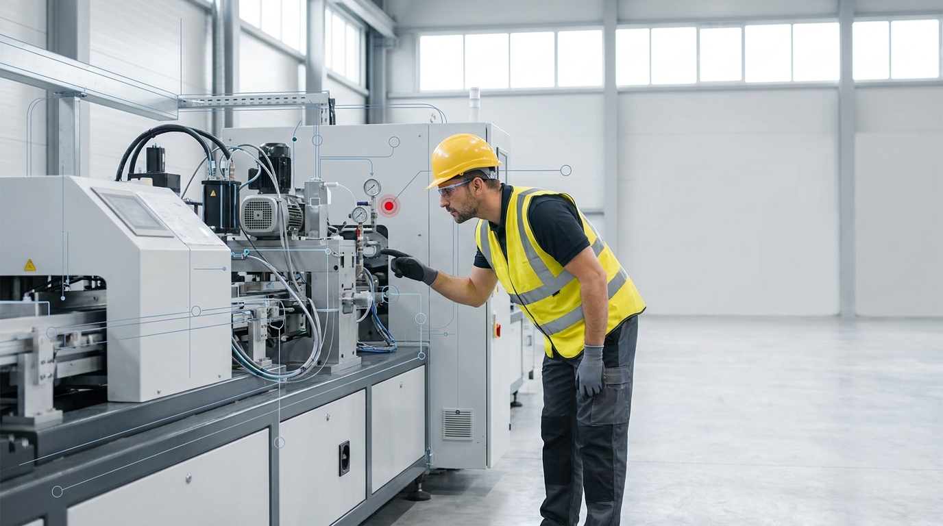 Plant supervisor checking a production line machine on a manufacturing floor