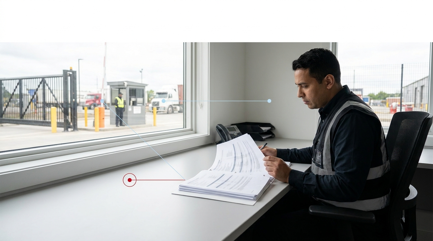 Security manager reviewing an incident report in a site office
