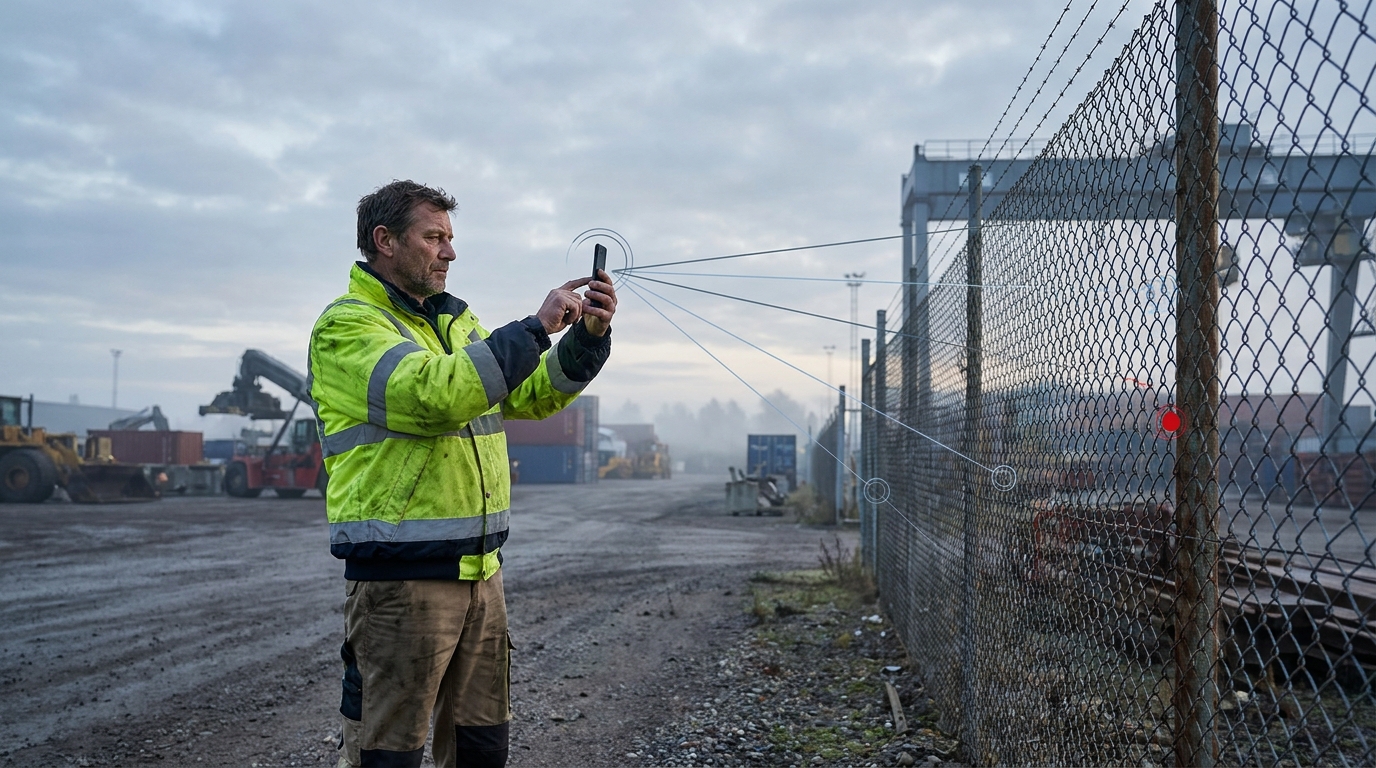 Security guard on patrol photographing a fence line with a phone