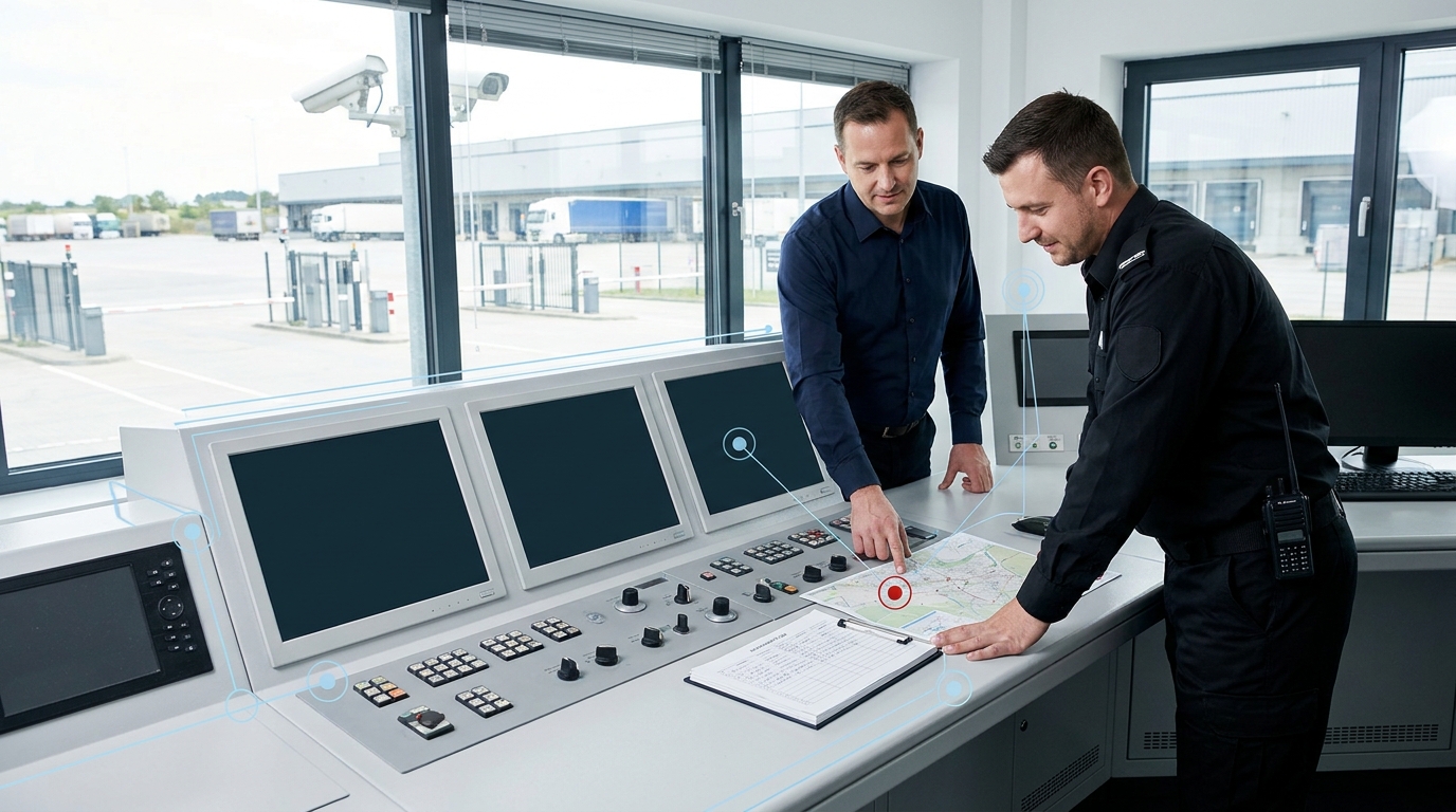 Control room supervisor checking task progress with a colleague