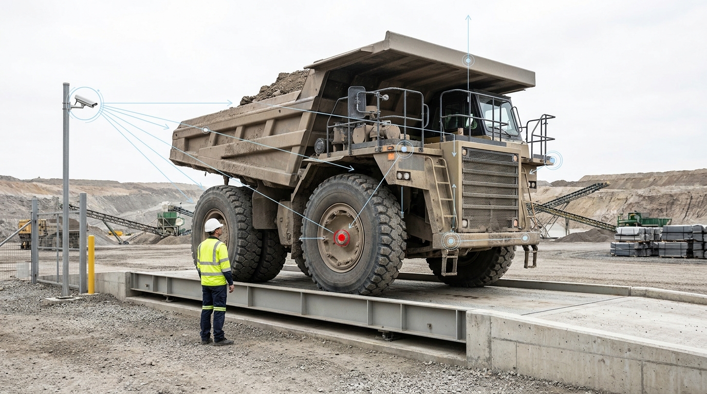 Operations supervisor at a mine site weighbridge beside a loaded haul truck