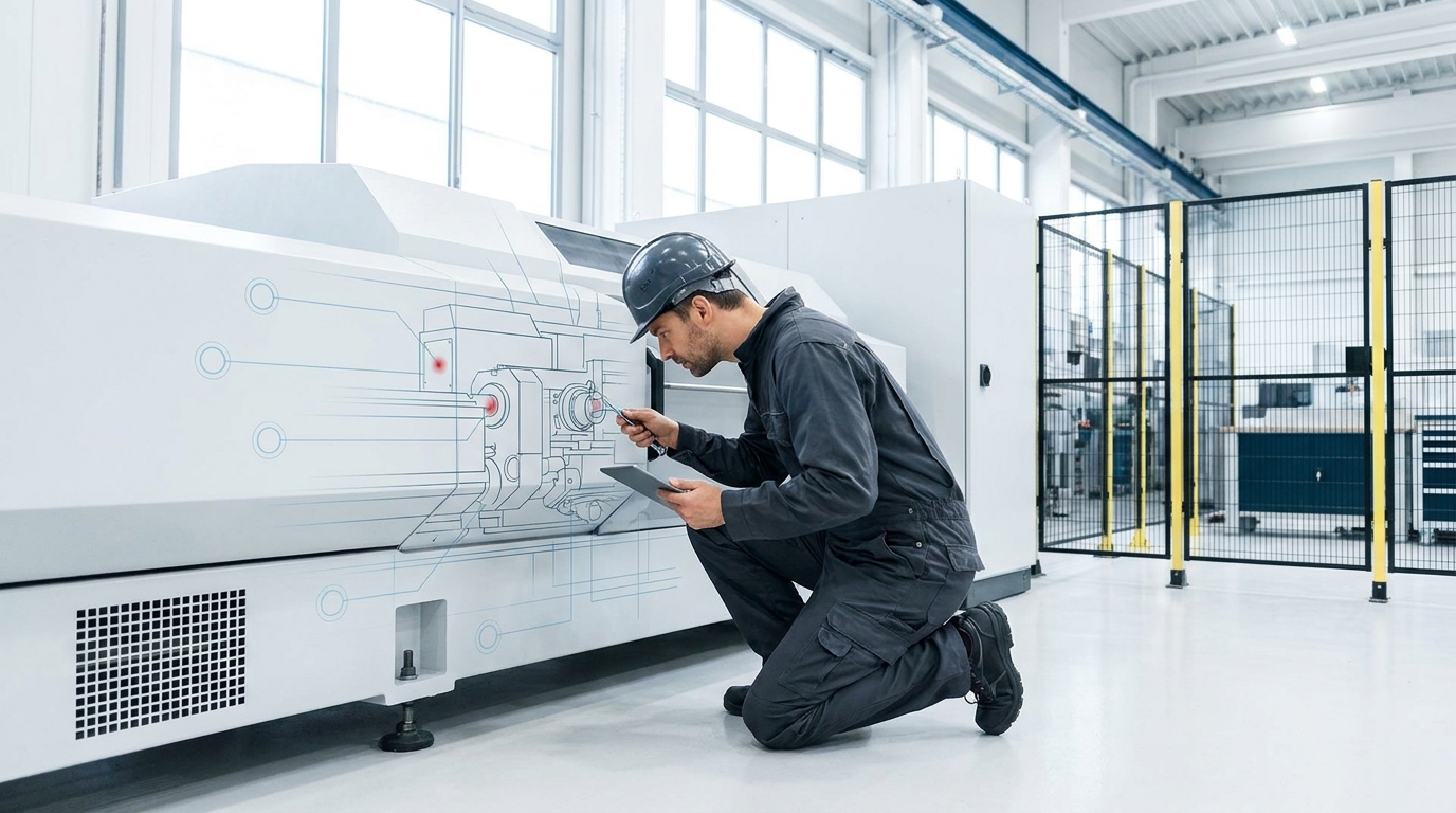 Maintenance engineer inspecting a machine on a manufacturing floor