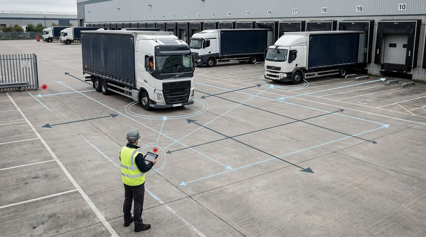Delivery trucks lined up at loading bays in a distribution yard