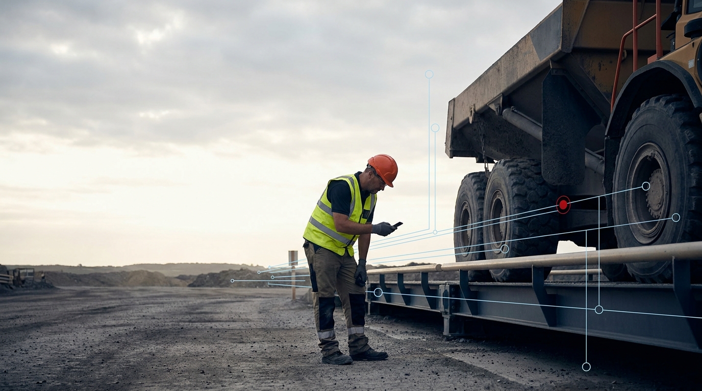 Site supervisor reviewing a task on his phone beside a weighbridge at an industrial yard