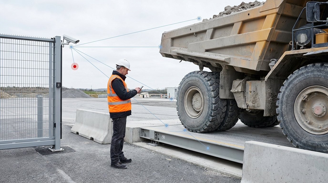Site supervisor reviewing a truck at a weighbridge gate in an operational yard