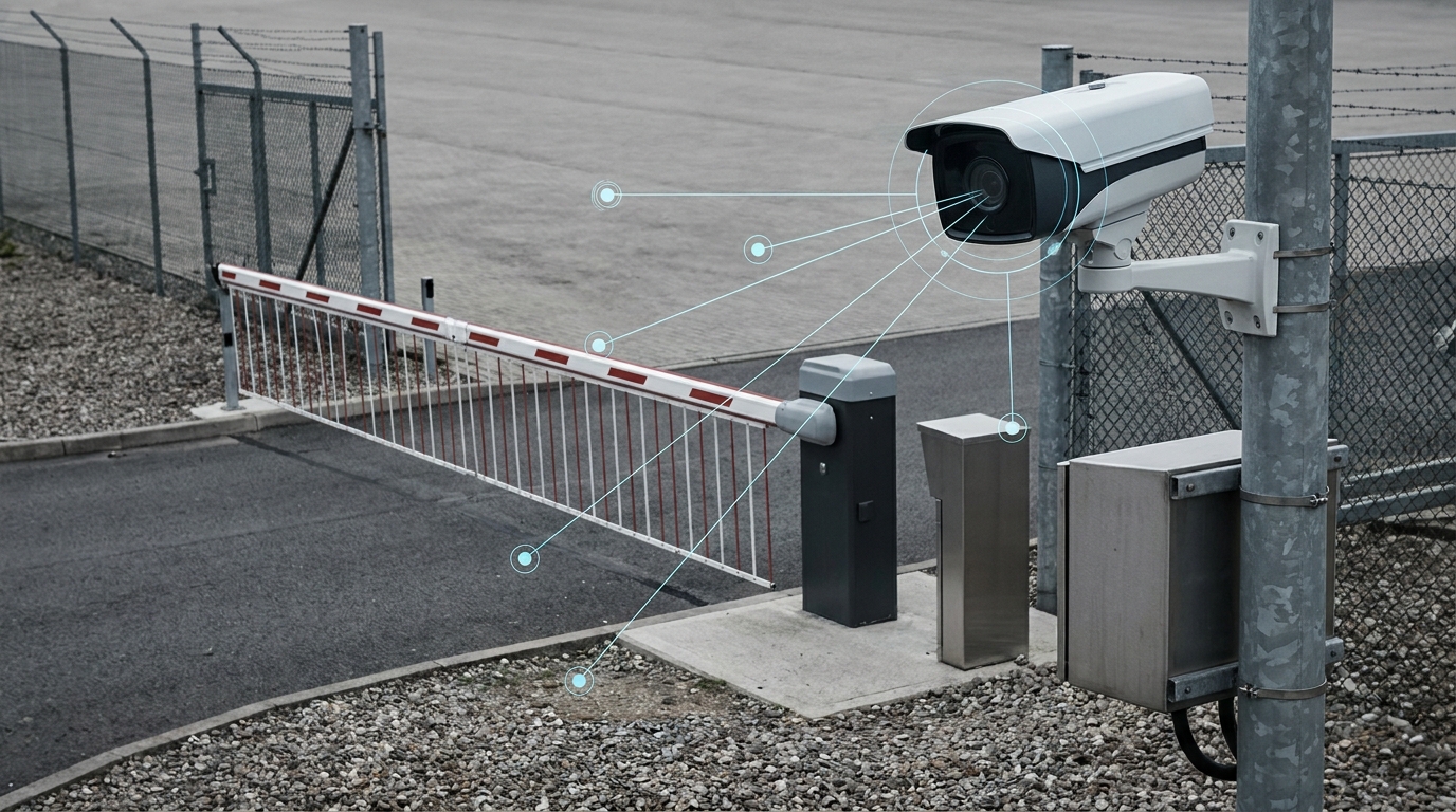 CCTV camera and access gate on an industrial site perimeter
