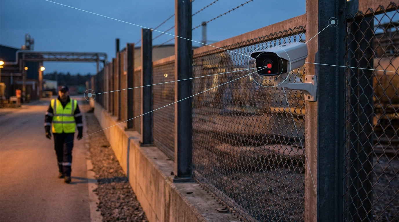 Perimeter fence with a CCTV camera at an industrial site