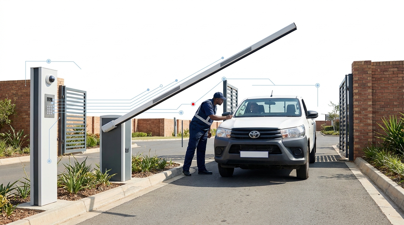 Access gate at a residential estate with a guard checking a contractor