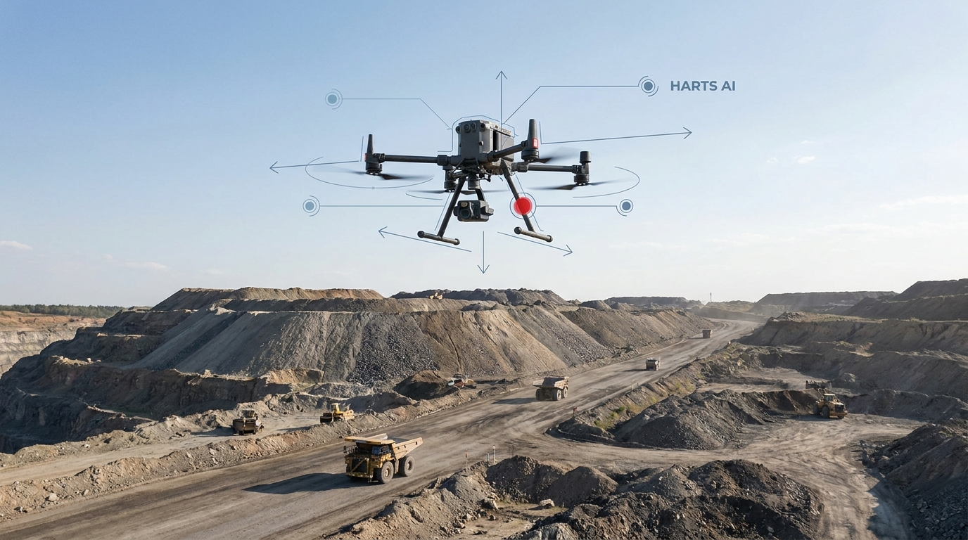 Inspection drone flying over a mine stockpile