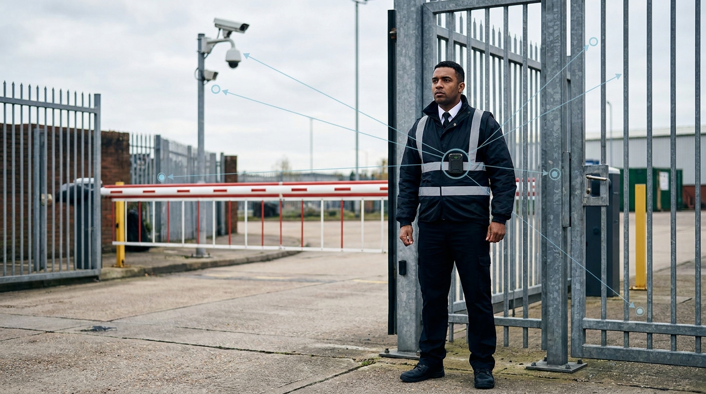 Worker wearing a location device at a security gate on an industrial site