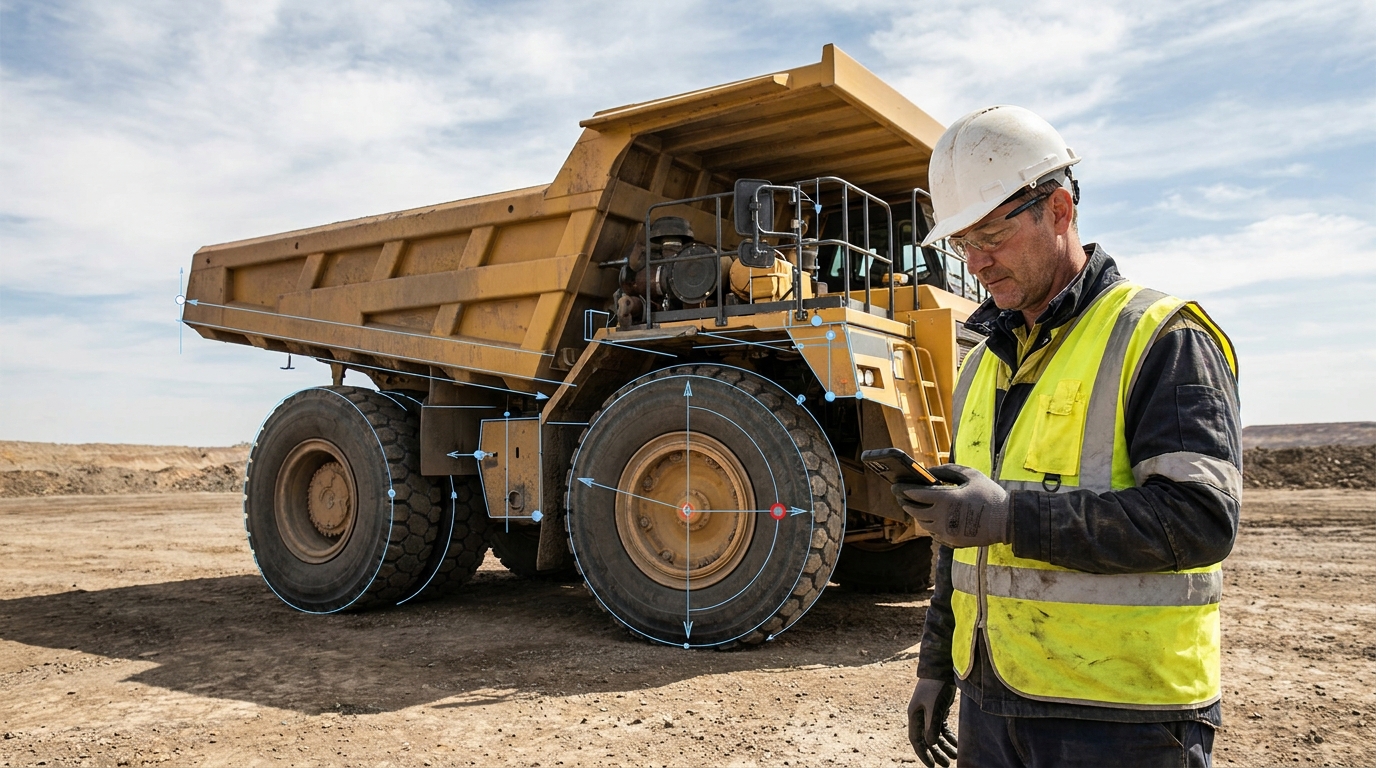 Site supervisor checking a task on his phone beside a haul truck at a mining operation