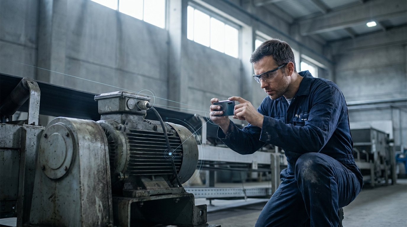 Field engineer inspecting a conveyor motor on a processing plant floor